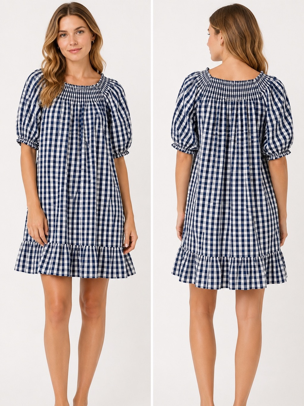 LAKE Veranda blue Gingham Puff Sleeve Smocked Neck Dress